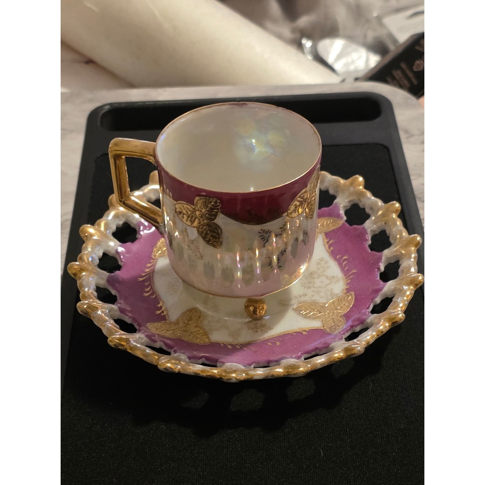 Royal Sealy China Lusterware 3-Footed Teacup Reticulated Saucer Magenta Gold VTG